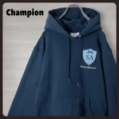 チャンピオン　ワッペン　裏起毛　パーカー　ネイビー　男女兼用　古着