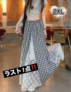 ロングスカート　マキシ丈　チェック　花柄レース　涼しげ　韓国　ウエストゴム　黒