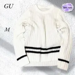 A879.ジーユー/ニットトップス【M】ホワイト/爽やか/ブラックライン