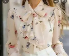 レディース 花柄シフォンブラウス ボウタイ 長袖のサムネイル