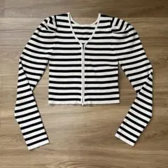 【新品・未使用】Chico ボーダー柄 ショート丈 リブニット カーディガン長袖