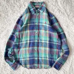 ポロラルフローレン 現行 美品 リネンシャツ L/S BD マドラスチェック 麻