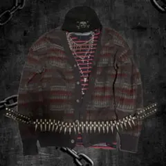 激渋グランジ色　カーディガン＋赤黒ボーダーロンT y2k パンク　平成