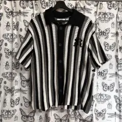 EMPTY REFERENCE ポロシャツ ストライプ柄 ニット 半袖　黒のサムネイル