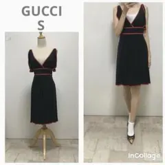 GUCCI グッチ　カシュクールワンピース S ブラック　バイカラー　ロゴ入りのサムネイル