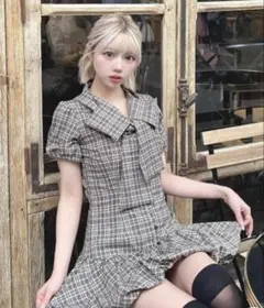 Darich ビッグリボンバルーンチェックミニワンピース