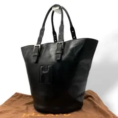 美品 ヒロフ イントレチャート カーフスキン レザー バケツ型 トートバッグ 黒 美品 ヒロフ イントレチャート カーフスキン レザー バケツ型