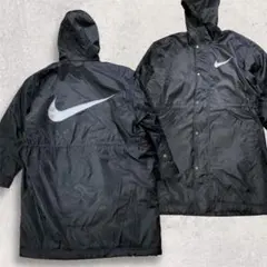 90s NIKE▼銀タグ ベンチコート【M】フード付き　スウォッシュ　刺繍ロゴ