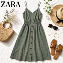 【23】ザラ ZARA キャミワンピ バックリボン リネン混 グリーン XSのサムネイル