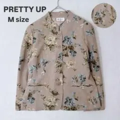 オンワード樫山 花柄ノーカラージャケット M ベージュ フラワー柄 レトロ 春秋