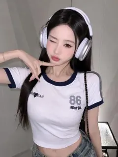 新品未使用SHEIN JEANロゴ半袖Tシャツ ホワイト×ネイビー フリーサイズ