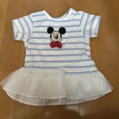 プティマイン　ミッキーマウス刺繍　ストライプ　Tシャツ　90 水色