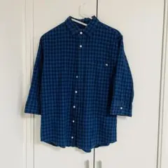 チェック柄シャツ　L size ブルー　七分袖　アーノルドパーマー