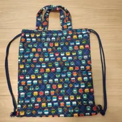 電車柄 ネイビー 紺 ナップサック 手提げ
