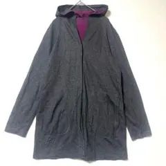 フード付きロングカーディガン 裏地パープル グレー 大きめ ゆったり Y