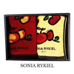 SONIA RYKIEL ウオッシュタオル2枚 赤＆イエローのリンゴ柄 未使用品のサムネイル