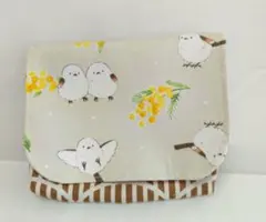 ★移動ポケット★ハンドメイド　シマエナガ　ミモザ　イエローベージュ　茶ストライプ