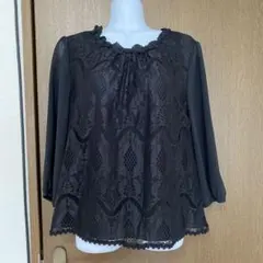 東京ソワール　黒 レース 袖シースルーブラウス フリル襟