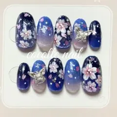 【春限定】夜桜ネイル ネイルチップ 和風 和柄 ニュアンス ガーリー 個性派 蝶