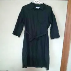 ダークグリーン シャツワンピース 七分袖