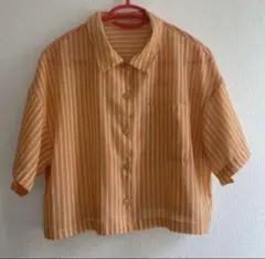 GU GIRLSシアークロップドストライプシャツ半袖　L オレンジ