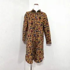 総柄シャツワンピース ロング丈　花柄　マスタード　レトロカラー 綿×レーヨン