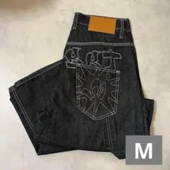 刺繍 バギーデニム ワイド 黒 ジーンズ 韓国 ストリート グランジ 極太