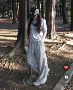 nugu ストライプストリングワイドパンツ