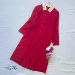 長袖ワンピース 襟付き プリーツ ロングワンピース レトロ　ボルドー