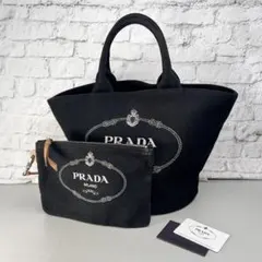 超美品 PRADA カナパ ポルカドット刺繍 トート ハンドバッグ 黒 緑