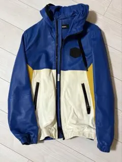 カラーブロックフード付きレザージャケット