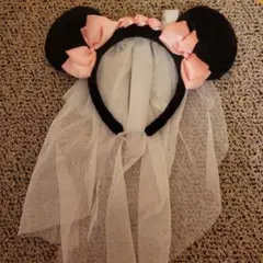 ミニーマウス カチューシャ ピンク リボン　バラ ベール付き