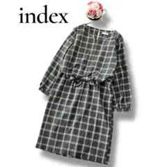 index インデックス　レディース　長袖ひざ丈ワンピース　チェック　リボン　M