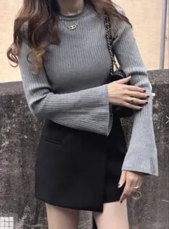 新品未使用タグ付きGRLグレイルフレアスリーブリブニットトップスai169グレー