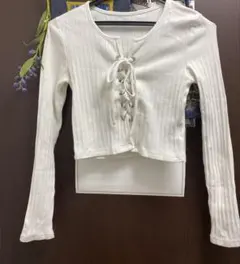 clear リブ編み 長袖ニットTシャツ 白 網 リボン トップス