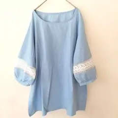 未使用品　Scroll レース　チュニック　水色　綿35% 五分袖　3L　大きい