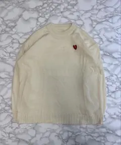 ハート刺繍 ニット セーター アイボリー オーバーサイズ ユニセックス 古着風