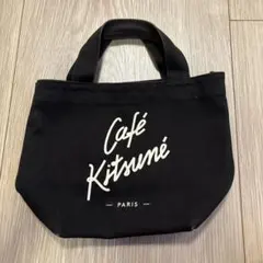 カフェキツネ ミニトート マチあり ロゴプリント ブラック コットンキャンバス地のサムネイル