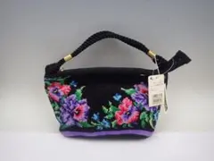 33 未使用 花柄 昭和レトロ ヴィンテージ ハンドバッグ 刺繍模様 黒 紫