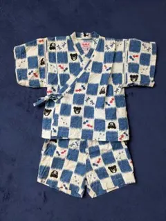 z348【ミキハウス】ダブルビー　ベビー甚平 80 クマ柄 青白チェック トンボ