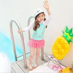 訳あり! 100 子供 セパレート 水着 3点セット フラミンゴ