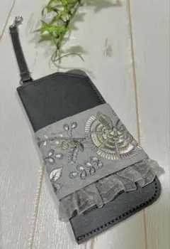 メガネケース　インド刺繍リボンレース　ソフトタイプ　ループ付きストラップ　グレー