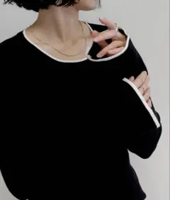 リエディ Re.EDIT クルーネックフレアスリーブ配色リブニットトップス