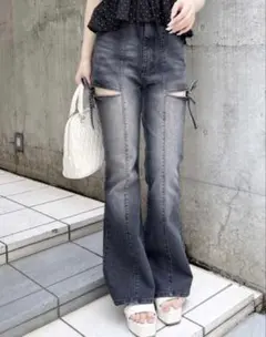 INGNI サイドリボンカットアウトフレアデニムパンツ S グレー