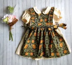 ピンパネル柄エプロン+ポワン袖ワンピース❀2枚セット　ハンドメイド 90サイズ