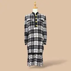 ヴィンテージチェック柄セットアップドッキングワンピースコンビ白黒昭和レトロ古着L