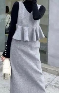 【BIRTHDAY BASH美品】レディな佇まいフリルワンピース（ウールグレー）