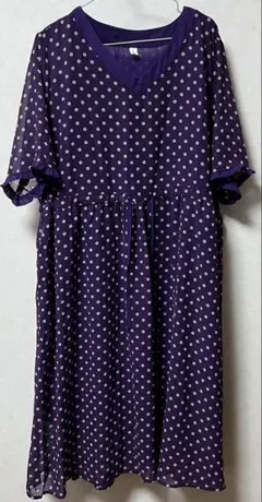 紫色ドット柄七分袖ワンピース