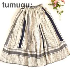 tumugu ストライプ ガウチョパンツ ワイドパンツ 麻混 リネン 日本製