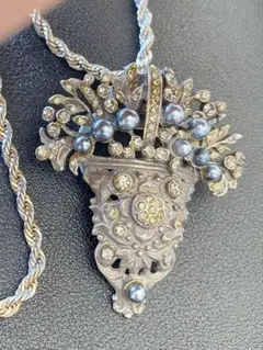 花束デザインパールストーン付き輝くヴィンテージネックレス物刻印有存在感あるの一品